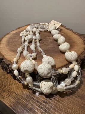 Women’s White Crackle Bead Multi-Strand Necklace and Earrings Set